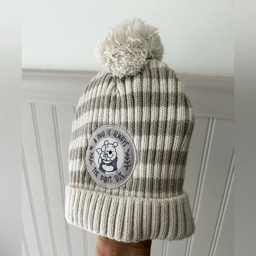 Disney Winnie The Pooh A Hug is Always The Right Size Cream Striped Beanie Hat